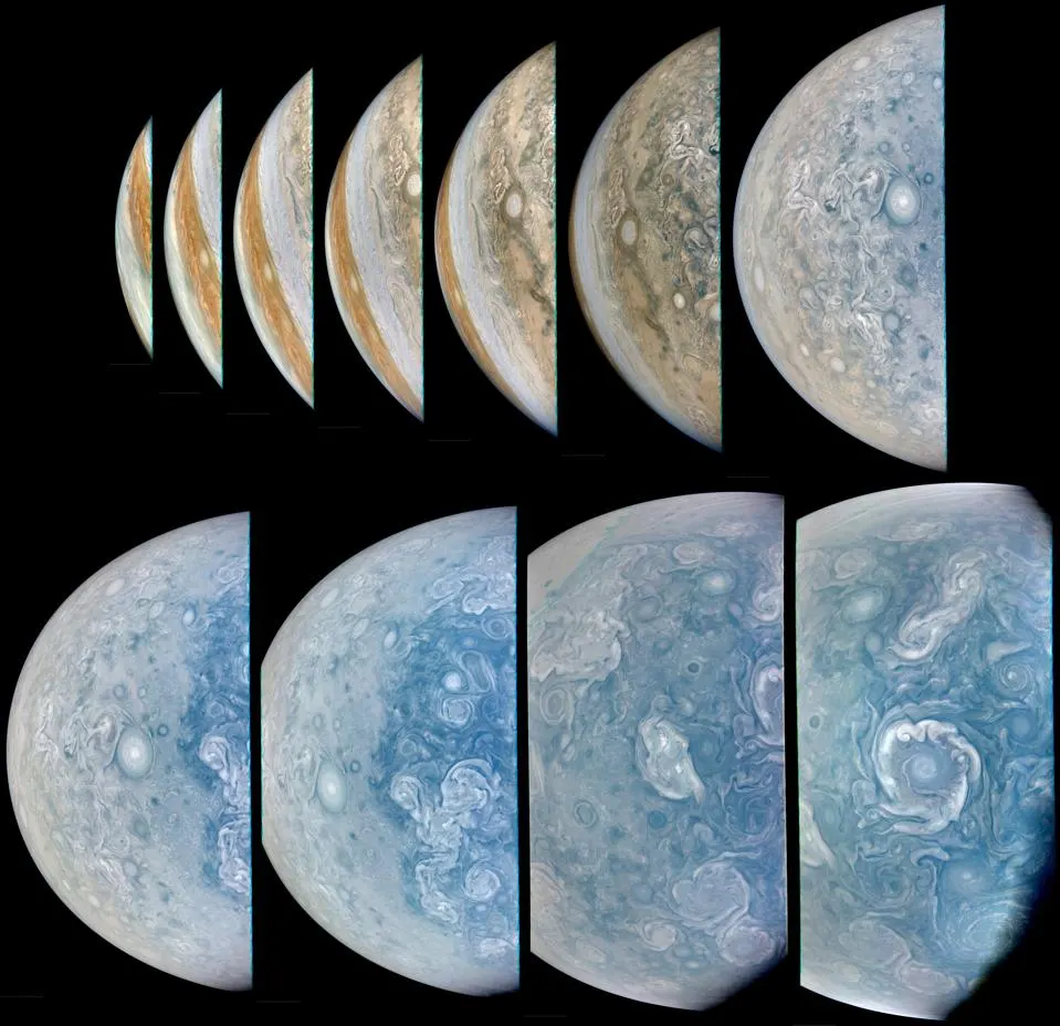 A collage of images of Jupiter, as seen by NASA Juno during its 66th perijove on Oct. 23, 2024. NASA/JPL-Caltech/SwRI/MSSS/Brian Swift © cc by